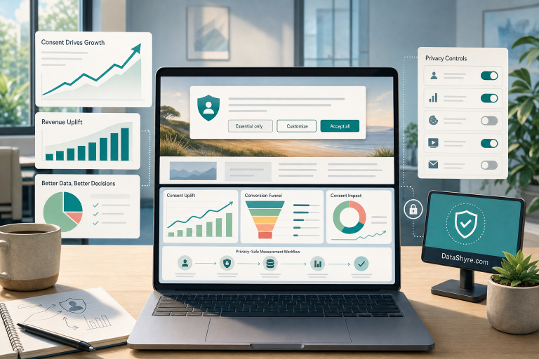 Editorial illustration showing privacy-safe analytics, a consent banner, and measurable conversion flow with subtle DataShyre.com branding