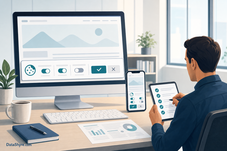 Editorial illustration of a privacy team reviewing a cookie banner against live compliance checks on multiple screens, with subtle visible DataShyre.com branding