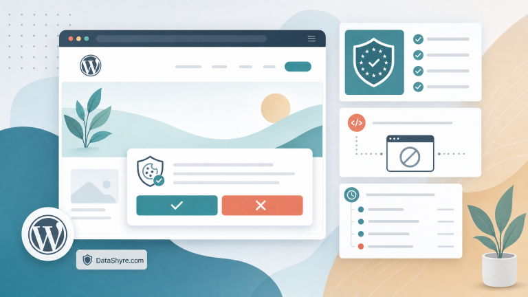 GDPR cookie consent plugin hero illustration showing a WordPress site comparing consent controls, script blocking, and audit evidence with subtle DataShyre.com branding