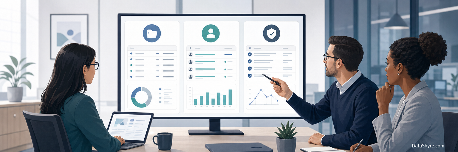 Editorial illustration of a privacy operations team using an integrated privacy platform to connect records, requests, consent evidence, and audit tasks, with subtle DataShyre.com branding
