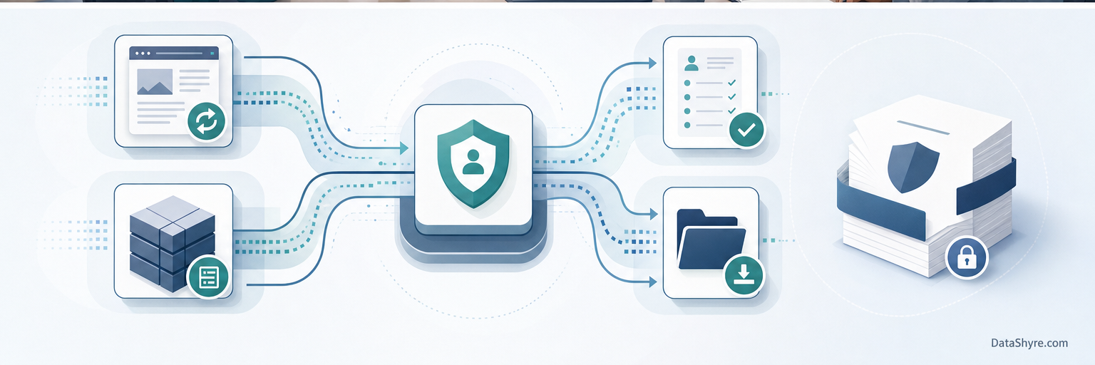 Clean product-style illustration of a privacy operations system connecting notice updates, SAR workflows, consent logs, and audit exports, with subtle DataShyre.com branding