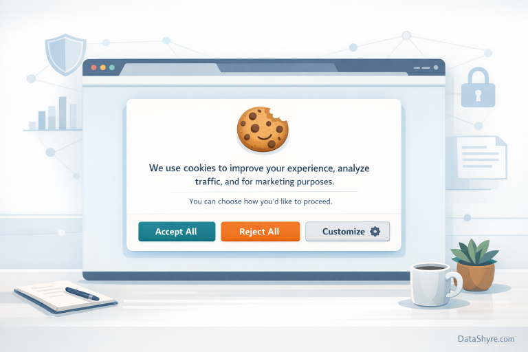 GDPR popup examples hero illustration showing a balanced consent popup with equal accept and reject controls and subtle DataShyre.com branding