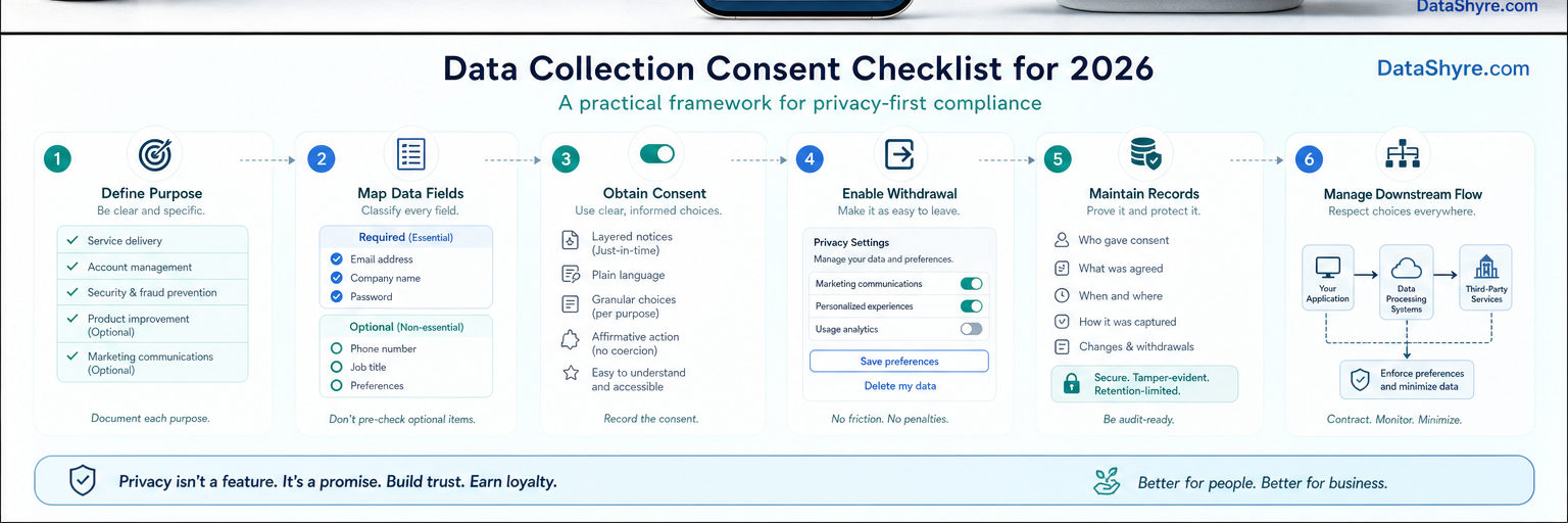 Consent checklist showing purpose labels, withdrawal paths, and subtle DataShyre.com branding