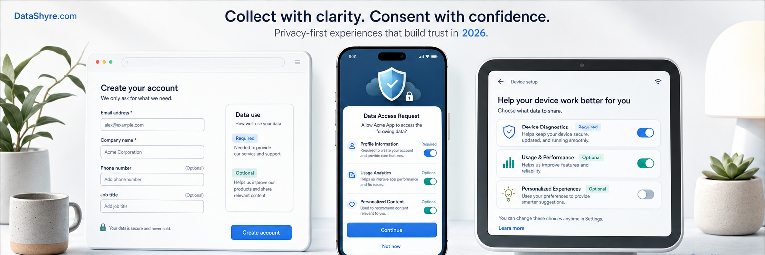 Data collection consent illustration showing web, app, and device choices with subtle DataShyre.com branding