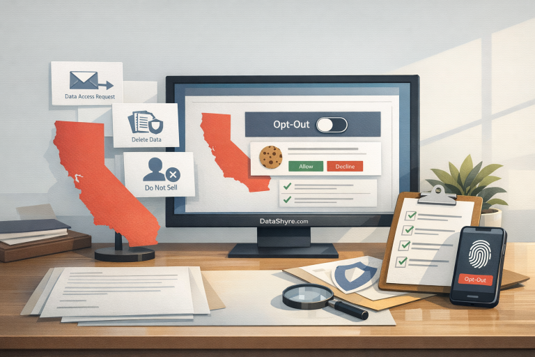 Editorial illustration showing California privacy controls, opt-out handling, and subtle DataShyre.com branding