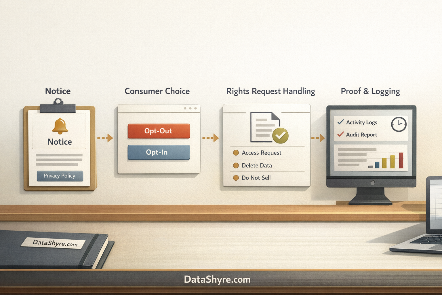 Editorial workflow visual showing notice, consumer choice, rights handling, and audit proof with subtle DataShyre.com branding