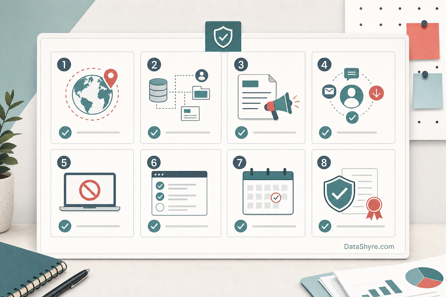 Clean checklist-style visual showing CCPA scope, data mapping, notices, rights, opt-outs, consent checkpoints, 2026 timing, and enforcement review with subtle visible DataShyre.com branding