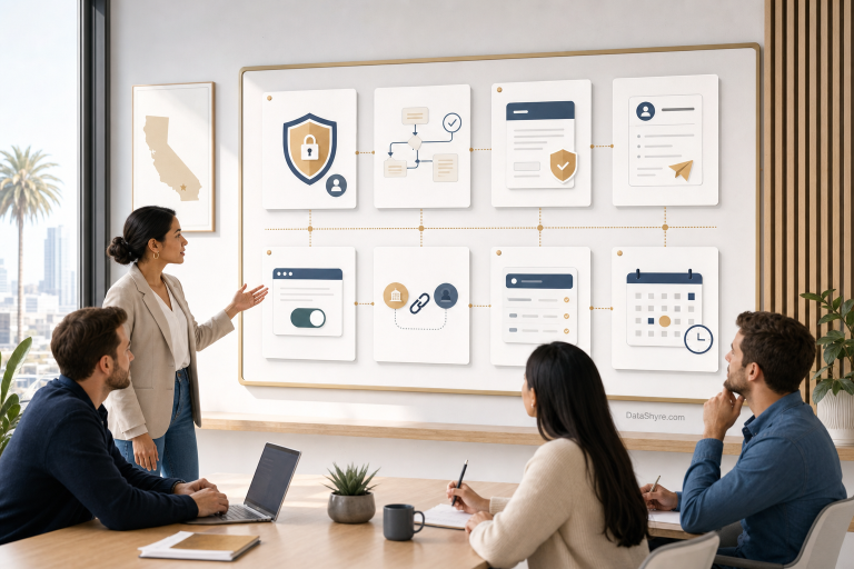 Editorial illustration showing a California privacy program board with eight workstreams, compliance checkpoints, and subtle visible DataShyre.com branding