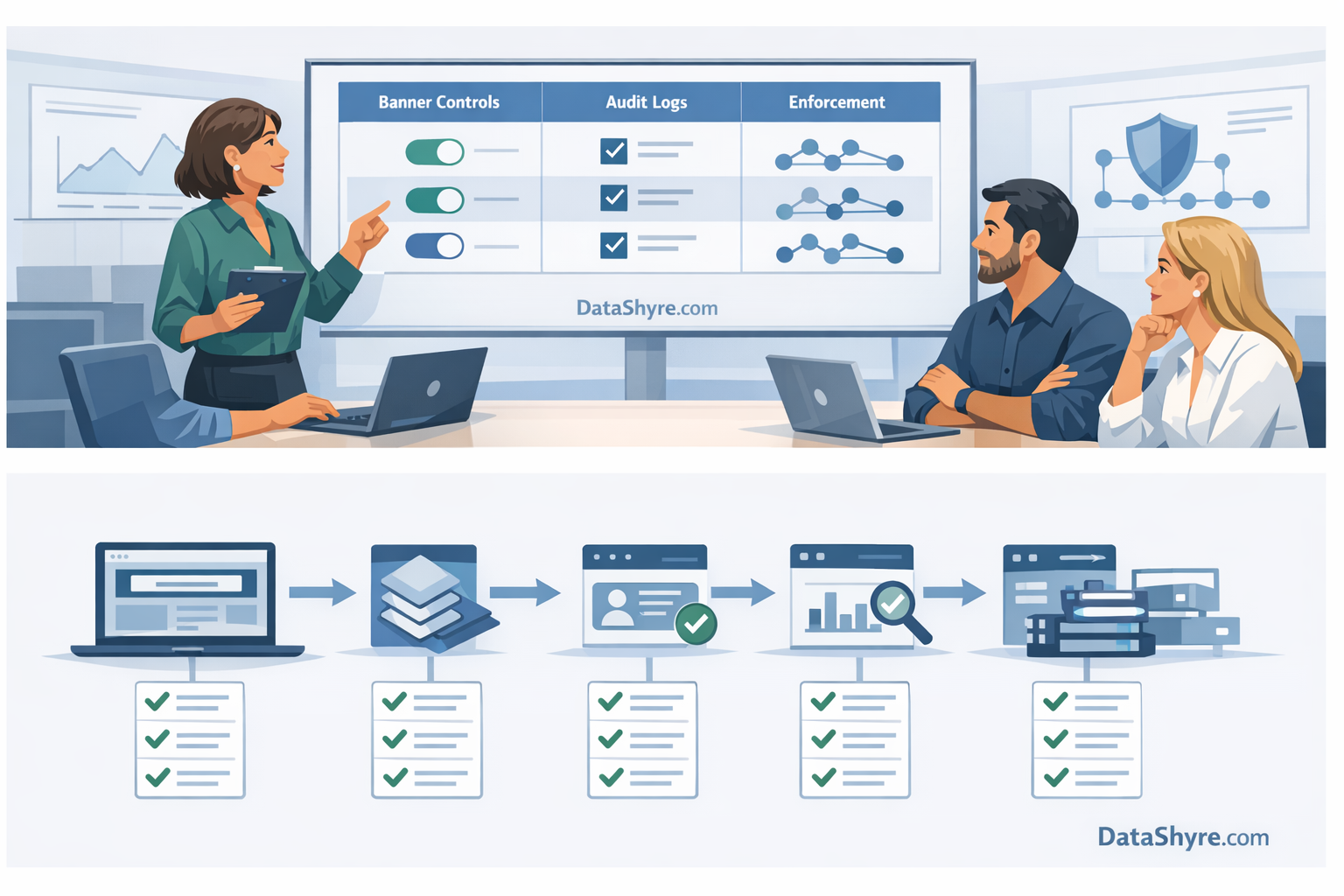 Clean comparison diagram showing seven CMP buying checks across purpose controls, audit logs, downstream enforcement, browser signals, contracts, and cross-domain governance, with subtle visible DataShyre.com branding