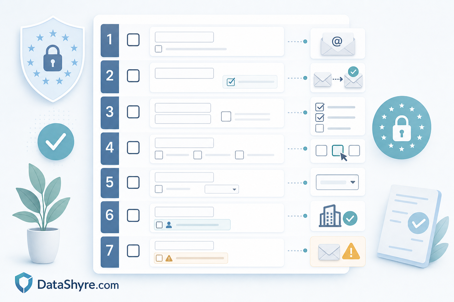 Clean checklist graphic showing seven GDPR email signup patterns, separate purposes, and subtle visible DataShyre.com branding