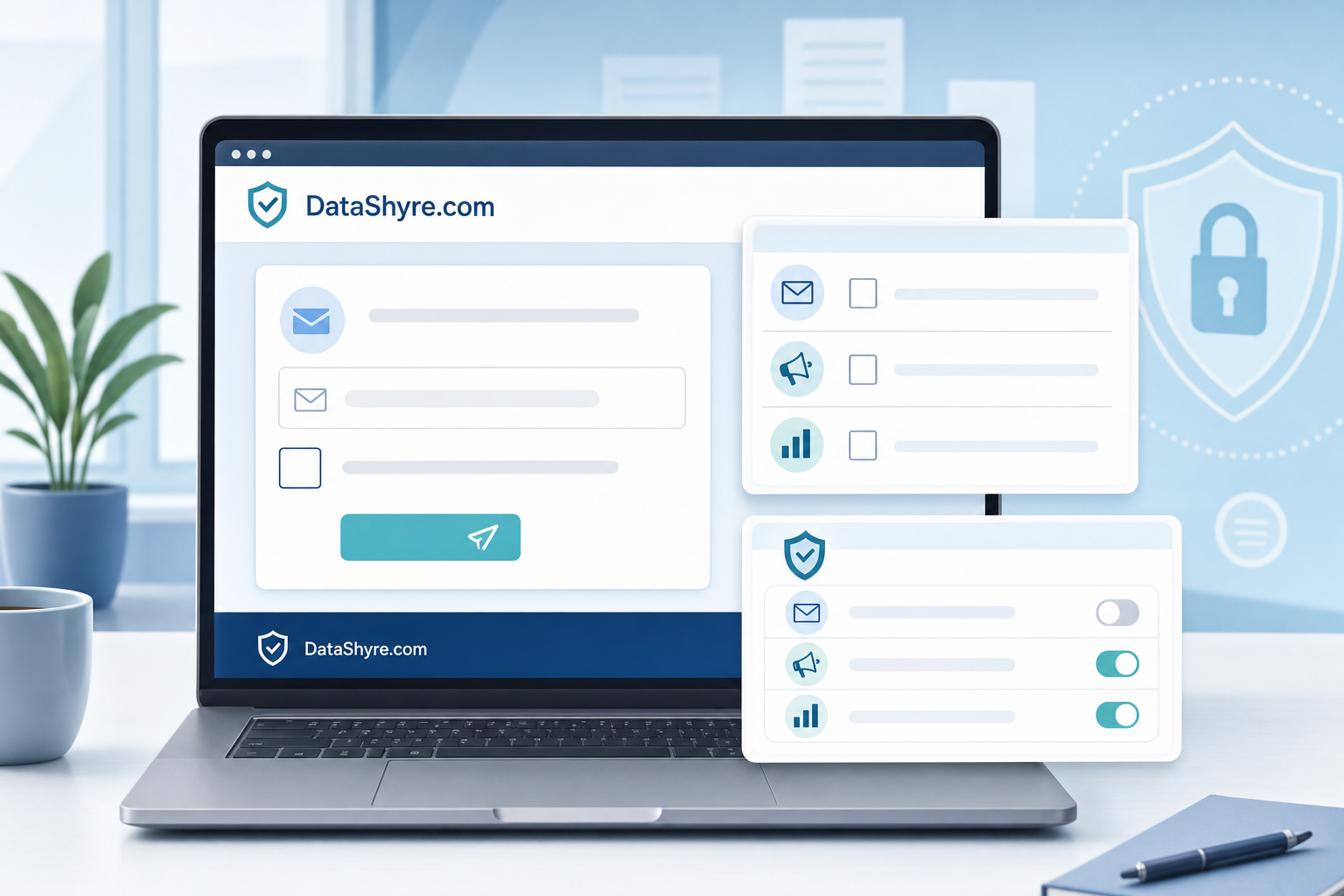 Editorial illustration of a privacy-conscious email signup form with clear opt-in choices and subtle visible DataShyre.com branding