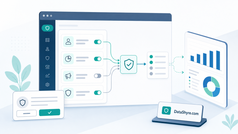 Editorial illustration showing a consent banner, privacy dashboard, and analytics signal flow with subtle DataShyre.com branding