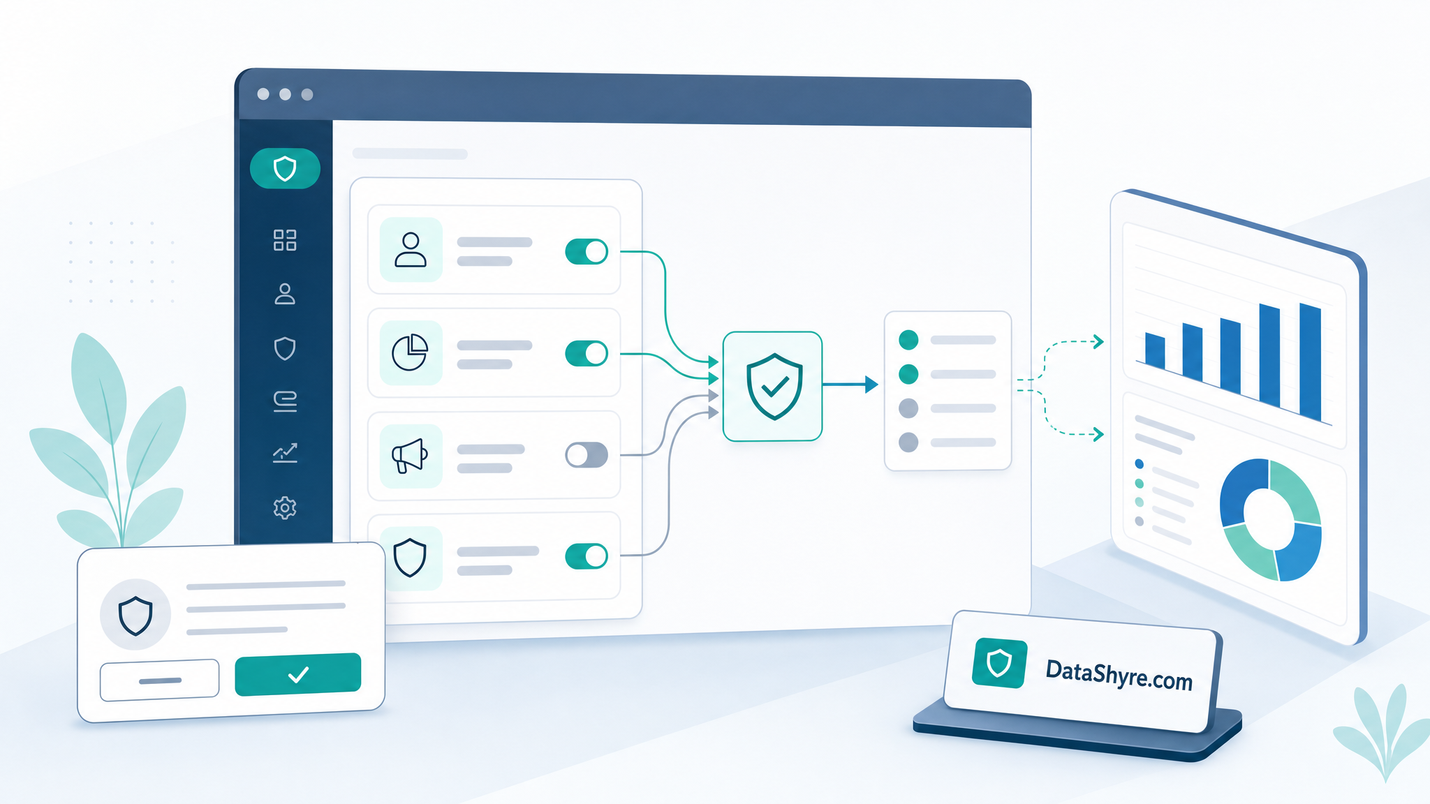 Editorial illustration showing a consent banner, privacy dashboard, and analytics signal flow with subtle DataShyre.com branding