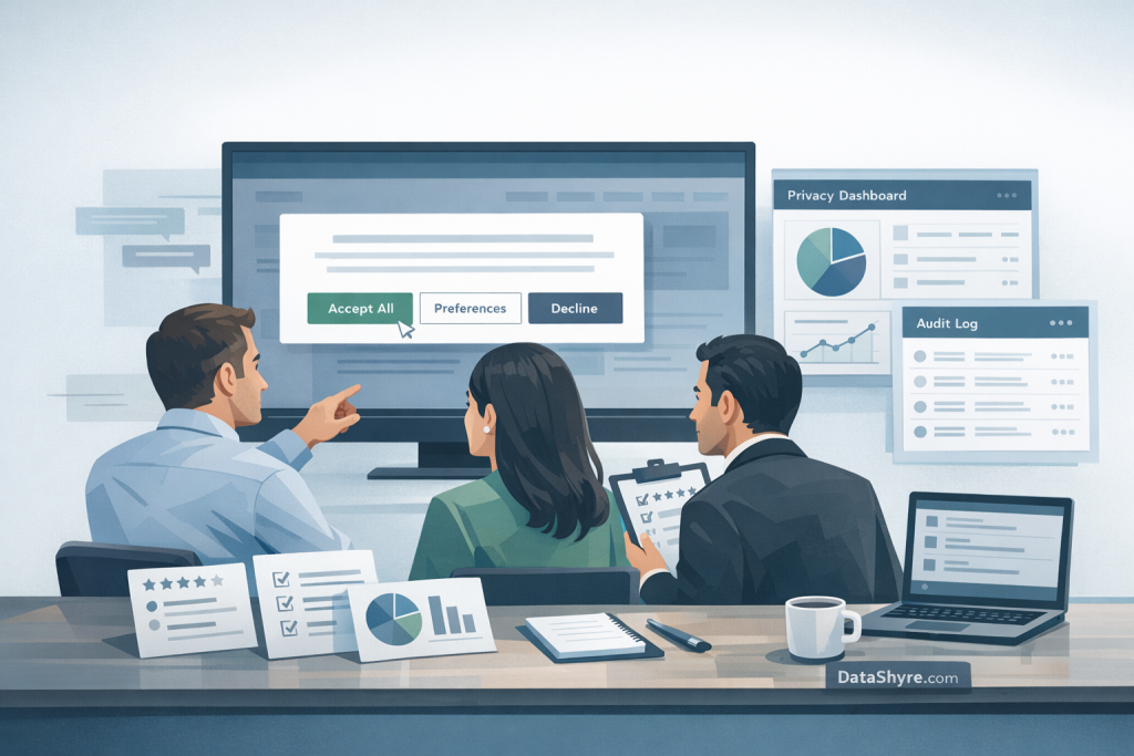 Editorial illustration of cookie consent managers being reviewed on a procurement board with banner controls, audit logs, and subtle DataShyre.com branding