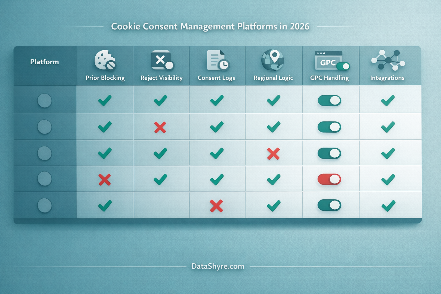 Concept scorecard showing CMP options compared on prior blocking, reject visibility, logs, regional logic, GPC support, and subtle DataShyre.com branding
