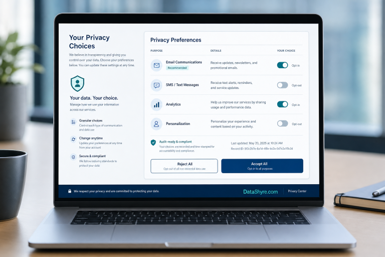 Editorial illustration of a privacy form and preference controls with clear opt-in choices, audit-ready records, and subtle visible branding text DataShyre.com