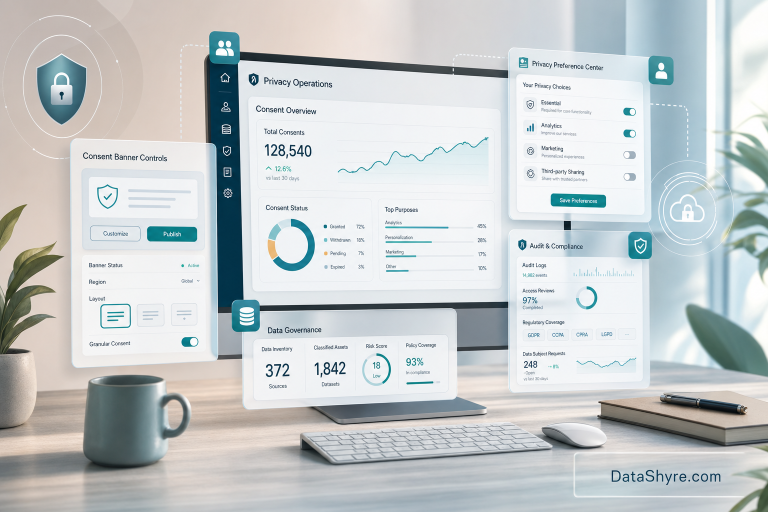 Editorial illustration showing OneTrust consent controls, preference settings, and audit dashboards with subtle DataShyre.com branding