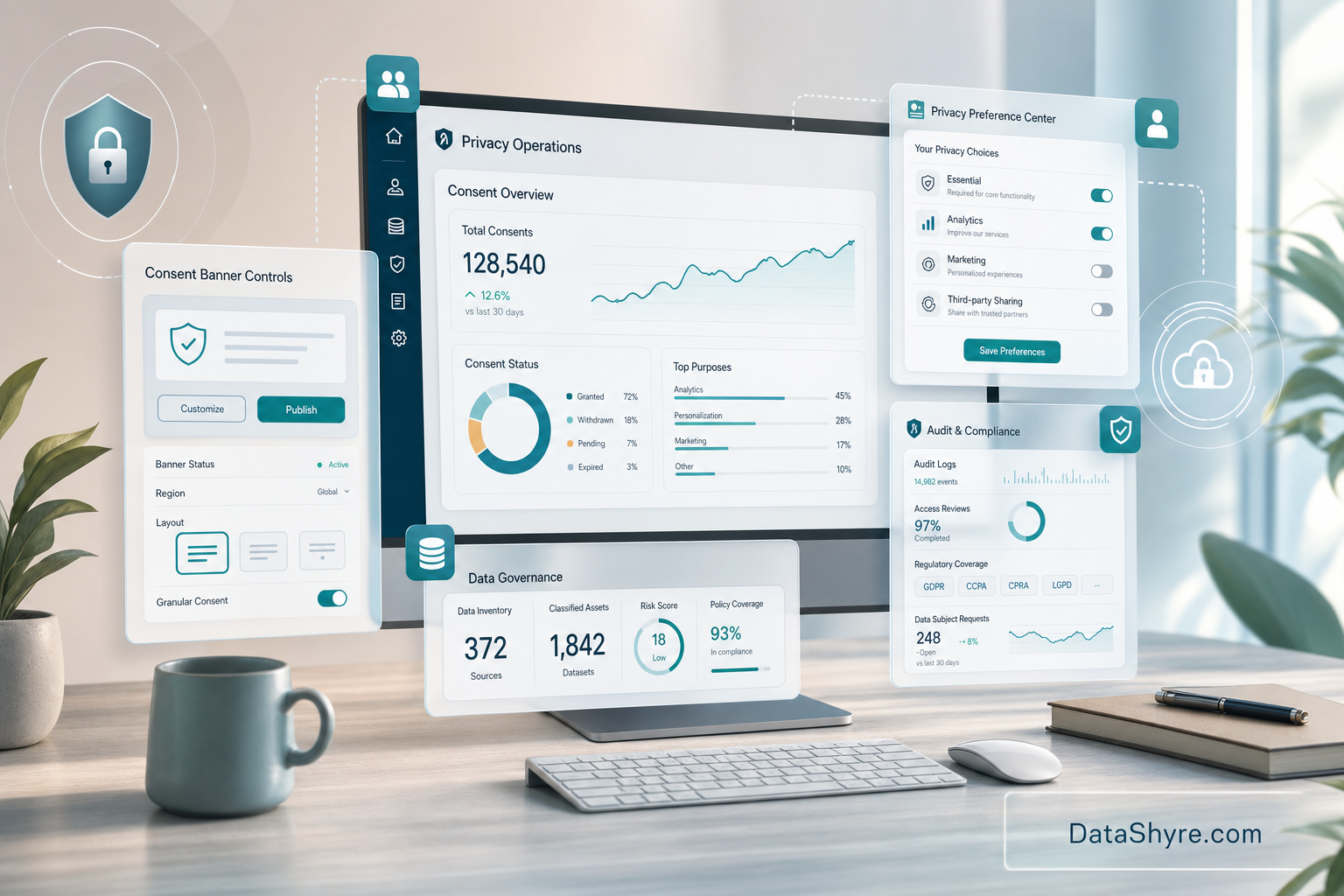 Editorial illustration showing OneTrust consent controls, preference settings, and audit dashboards with subtle DataShyre.com branding