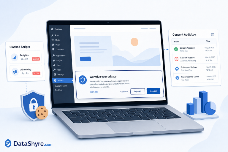 Editorial illustration of a WordPress consent setup with a banner, blocked scripts, audit logs, and subtle visible branding text DataShyre.com