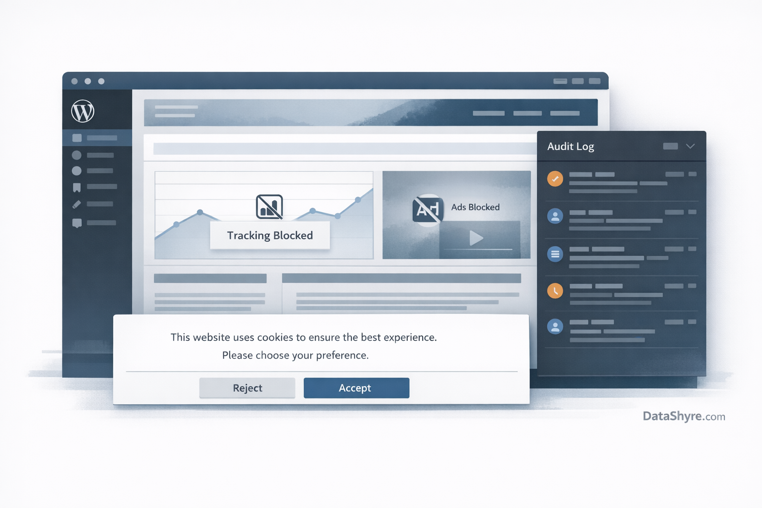 Editorial illustration showing WordPress consent controls, blocked tracking panels, and audit logging with subtle visible branding text DataShyre.com