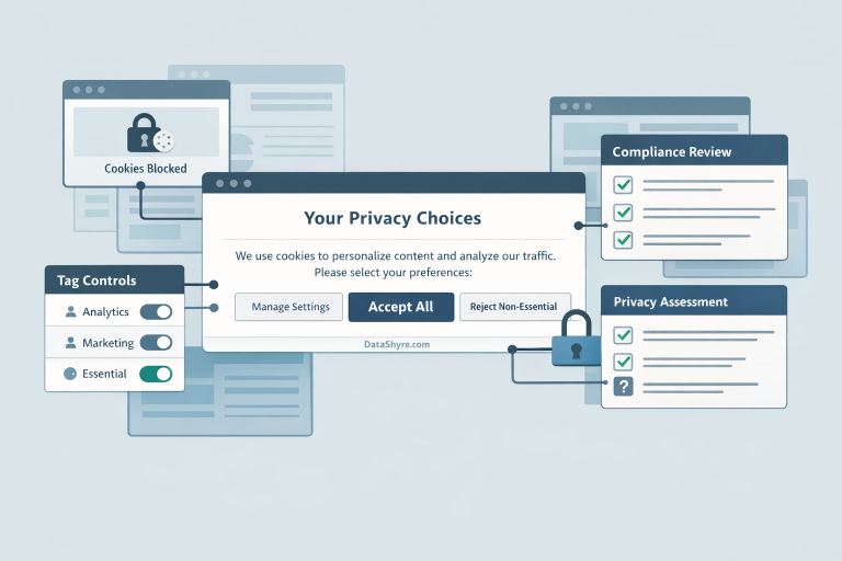 Editorial illustration showing a website consent banner connected to browser controls, tag blocking, and subtle visible branding text DataShyre.com