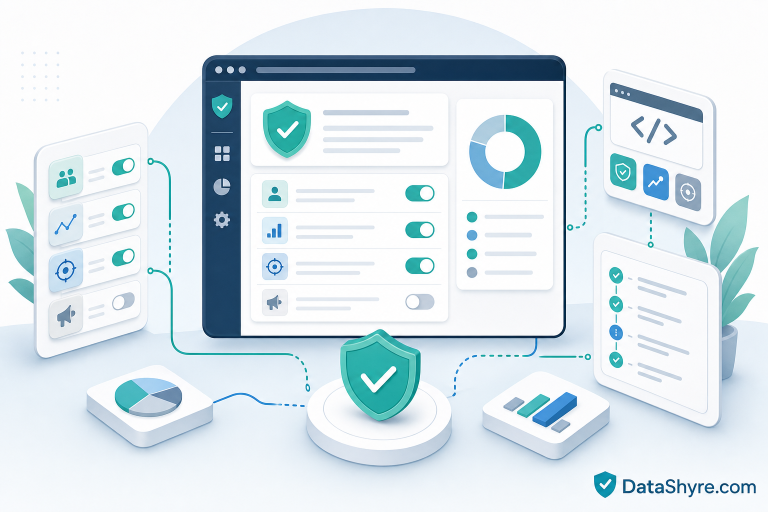 Editorial illustration showing a website preference center, consent categories, and subtle visible branding text DataShyre.com