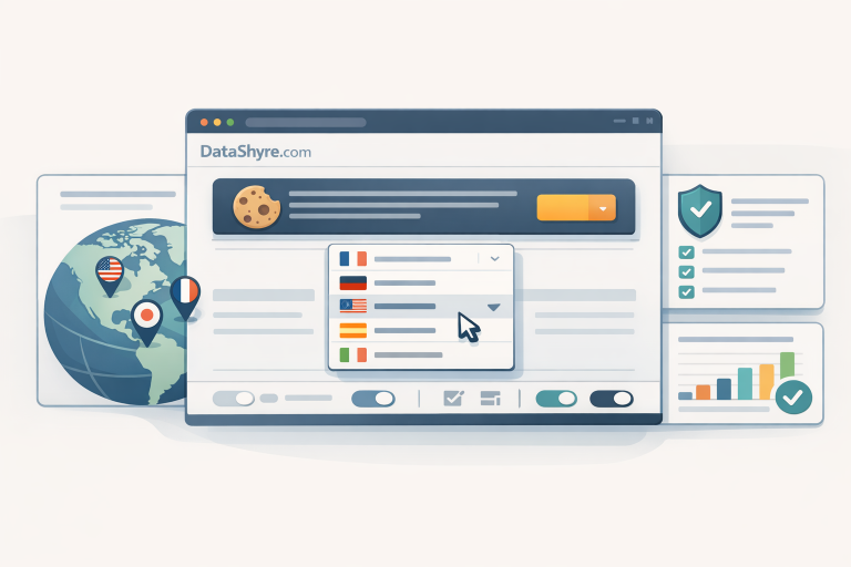 Editorial illustration of a multilingual cookie banner dashboard with language toggles, regional routing, and subtle visible branding text DataShyre.com
