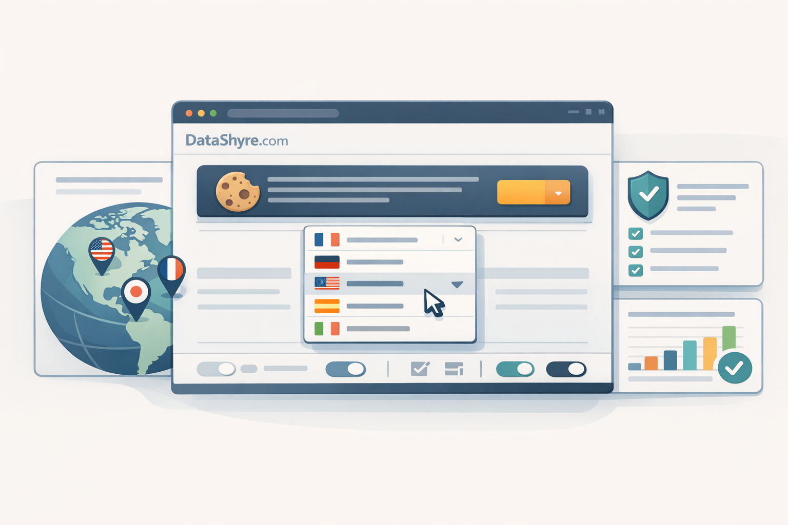 Editorial illustration of a multilingual cookie banner dashboard with language toggles, regional routing, and subtle visible branding text DataShyre.com
