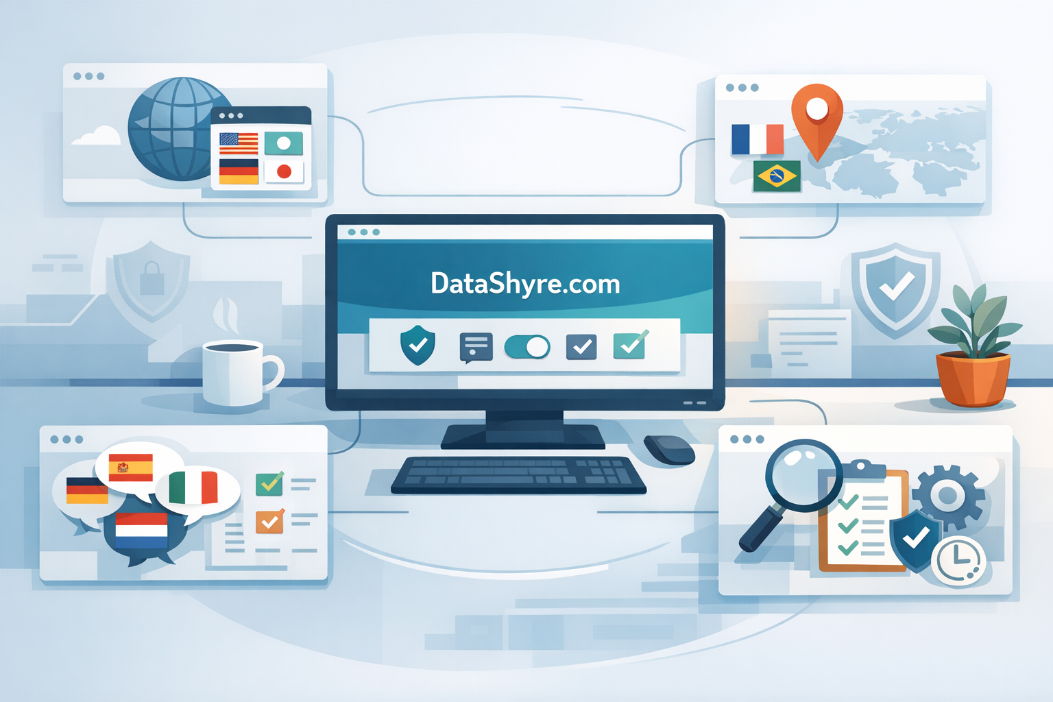 Concept visual of a consent QA workflow showing browser language, country override, translation review, and subtle visible branding text DataShyre.com