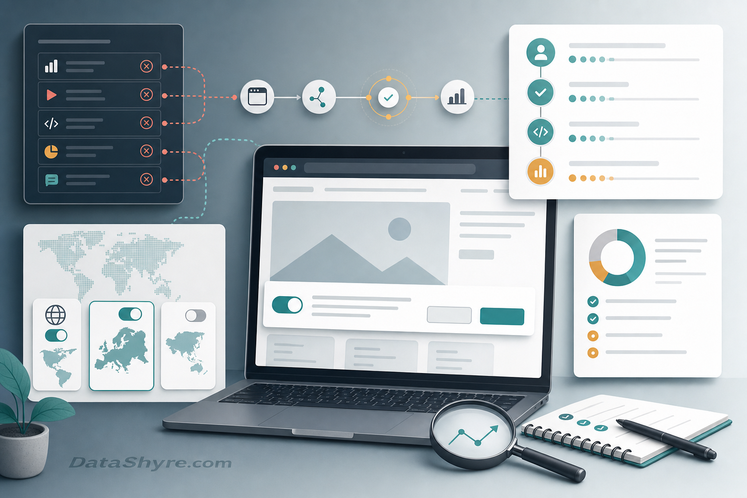 Concept illustration of a CMP audit showing consent choices, blocked tags, Google consent signals, compliance notes, and subtle visible branding text DataShyre.com