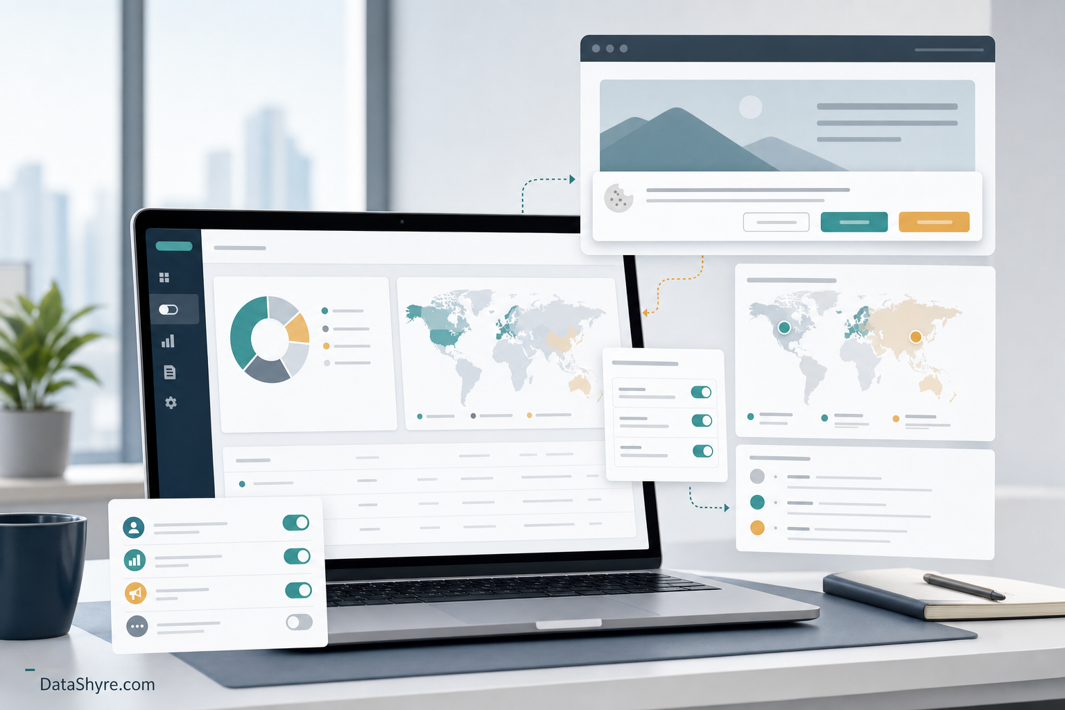 Editorial illustration of a consent management platform dashboard with website banner controls, regional rules, audit logs, and subtle visible branding text DataShyre.com
