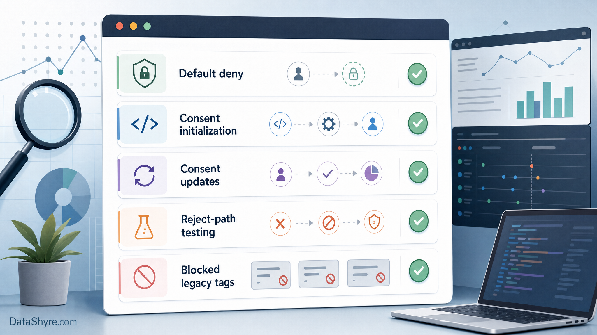 GTM consent debugging checklist with default deny, update verification, reject-path testing, and subtle visible branding text DataShyre.com