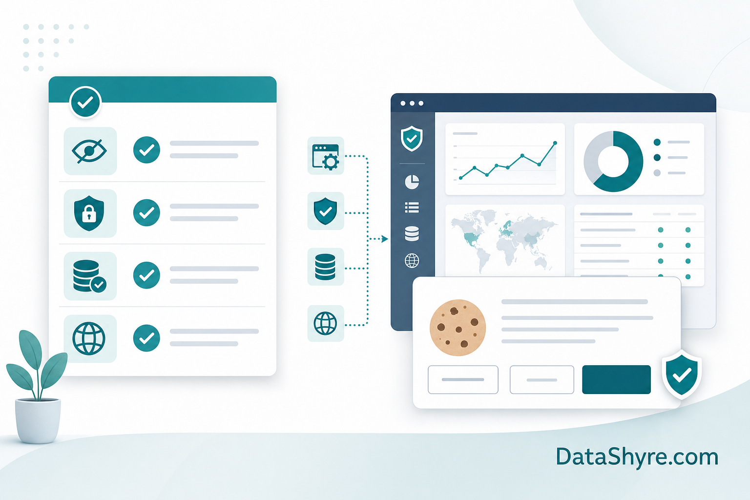 Concept illustration of a CookieScript review checklist showing reject-all, blocked tags, consent records, and subtle visible branding text DataShyre.com
