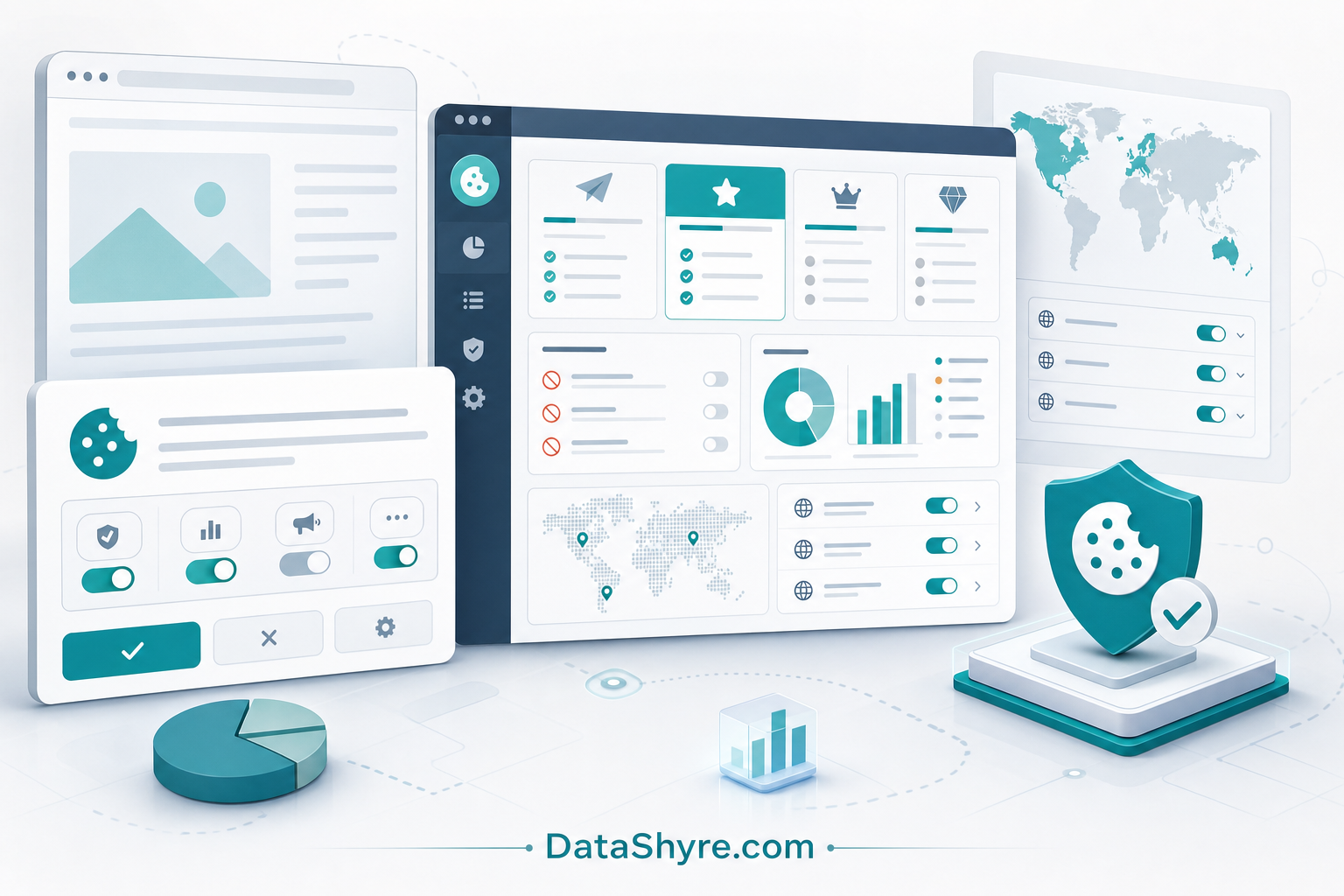 Editorial illustration of CookieScript consent management with a website banner, plan tiers, audit controls, and subtle visible branding text DataShyre.com