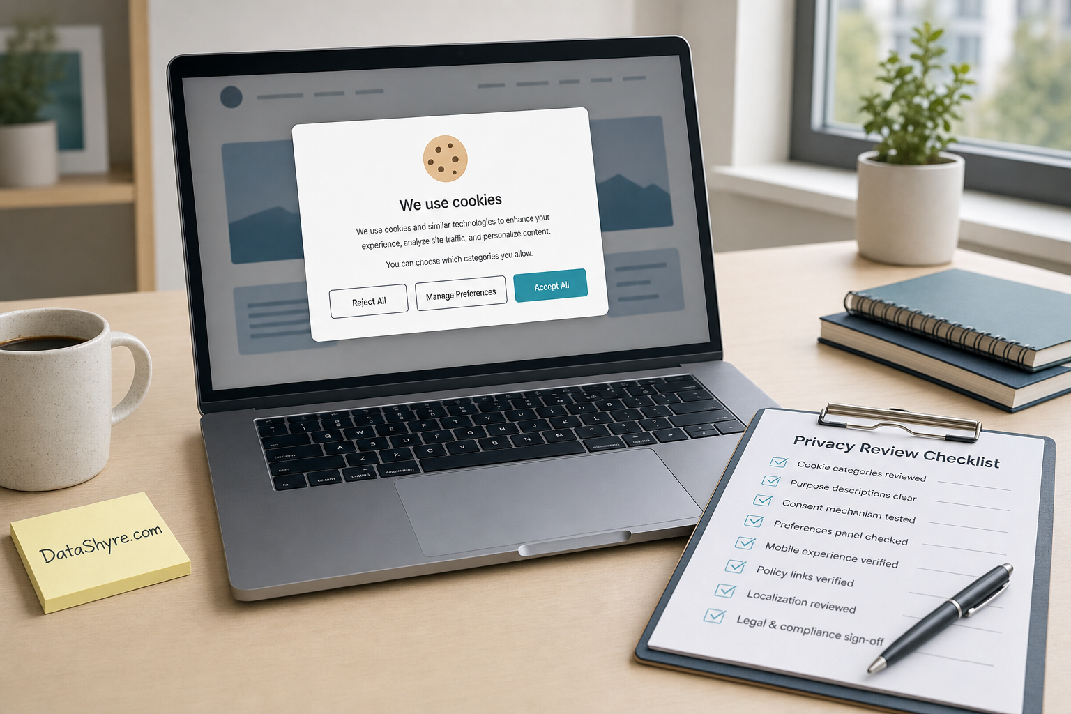 TrustArc cookie consent manager popup review on a laptop with compliance notes and subtle visible branding text DataShyre.com