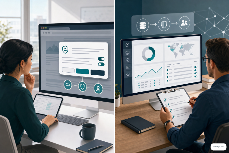 Editorial illustration showing a legacy TRUSTe search leading into a modern cookie consent management dashboard with subtle visible branding text DataShyre.com