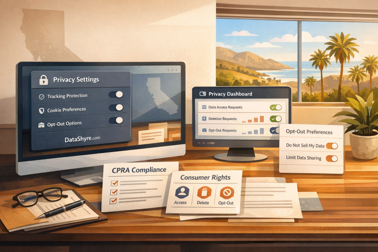 Editorial illustration of California privacy compliance panels, consumer rights controls, and subtle visible branding text DataShyre.com