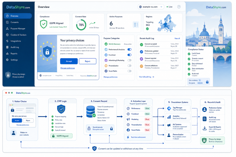 Editorial illustration of a GDPR-focused consent management platform dashboard with balanced accept and reject controls, category toggles, audit records, and subtle visible branding text DataShyre.com