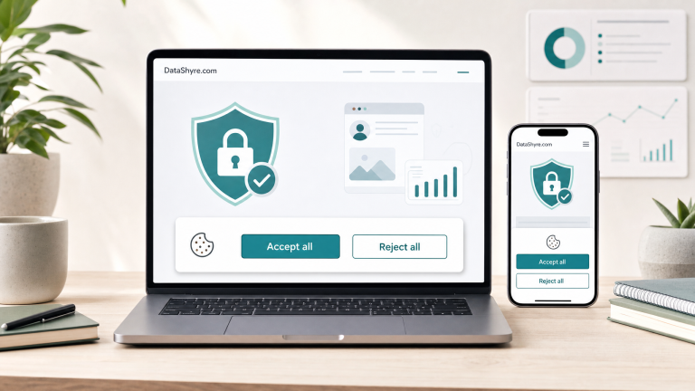 Editorial illustration of a laptop and phone showing a balanced GDPR cookie banner with equal Accept all and Reject all buttons and subtle DataShyre.com branding
