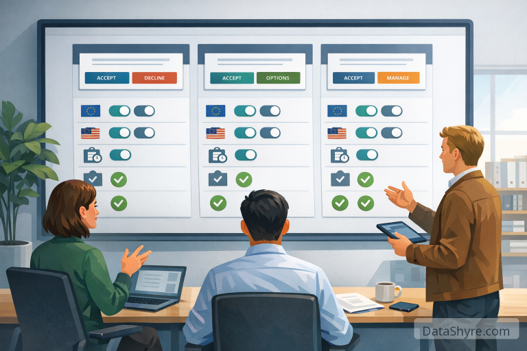 Editorial illustration showing a privacy team comparing multiple consent management platforms side by side, with banner previews, regional controls, audit icons, and subtle visible branding text DataShyre.com
