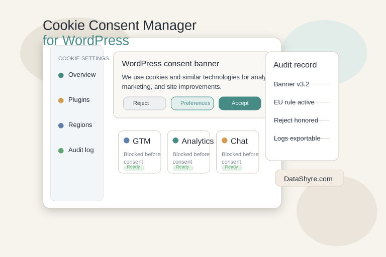 Editorial illustration of a WordPress privacy control dashboard with consent banner settings, plugin integrations, audit records, and subtle visible branding text DataShyre.com