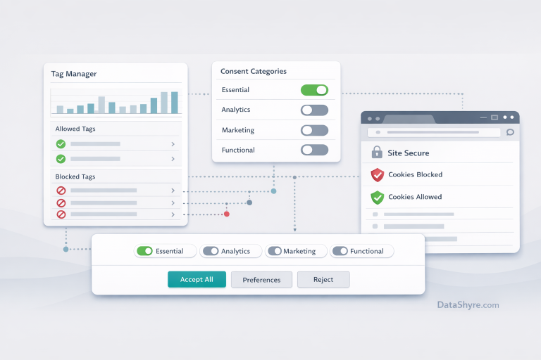 Editorial illustration of a consent banner connected to a tag manager workspace, consent categories, blocked and allowed tags, and a browser verification panel with subtle visible branding text DataShyre.com