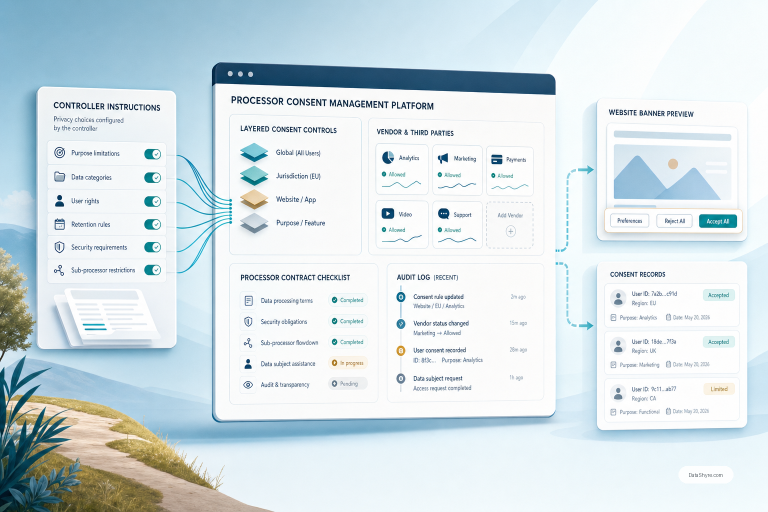 Editorial illustration of a privacy operations dashboard with consent settings, processor checklist cards, audit records, and subtle visible branding text DataShyre.com