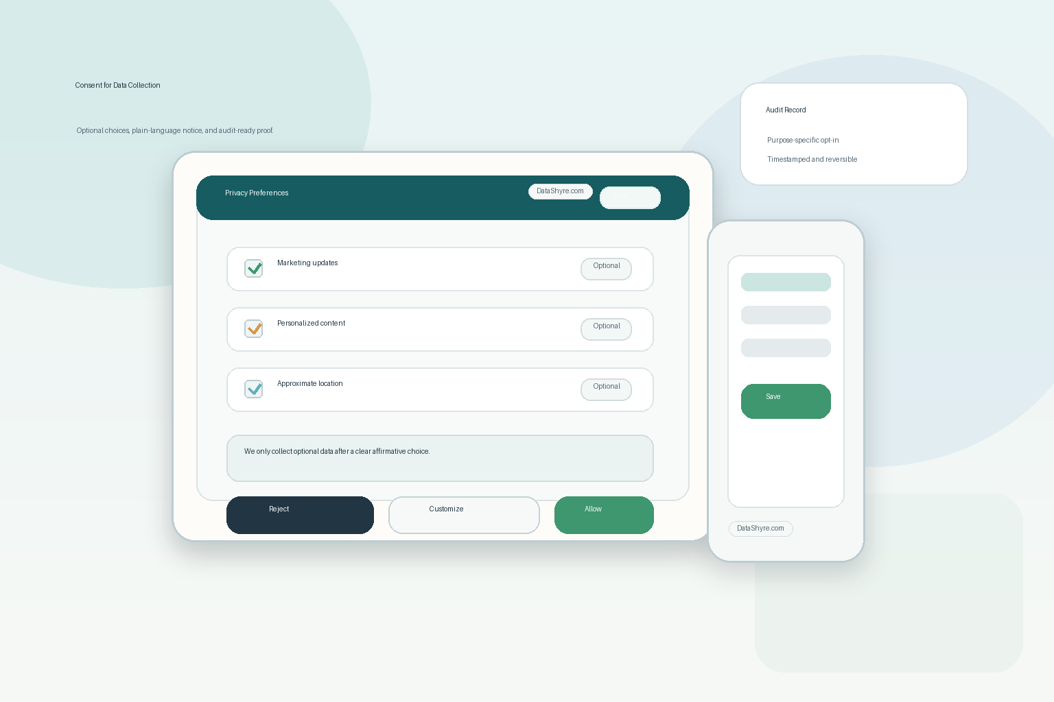 Editorial illustration of a privacy-first signup flow on laptop and mobile with optional data collection choices, plain-language disclosures, audit records, and subtle visible branding text DataShyre.com