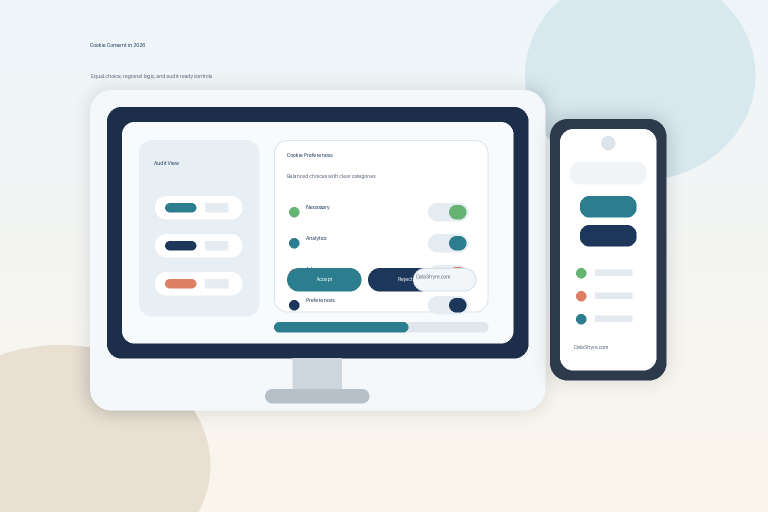 Editorial illustration of a laptop and phone showing a balanced cookie consent interface with equal accept and reject choices, category controls, and subtle visible branding text DataShyre.com