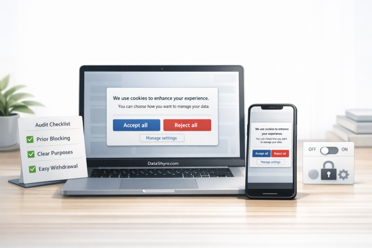 Editorial illustration of a laptop and phone displaying a balanced GDPR cookie consent banner with equal accept and reject choices, an audit panel, and subtle visible branding text DataShyre.com