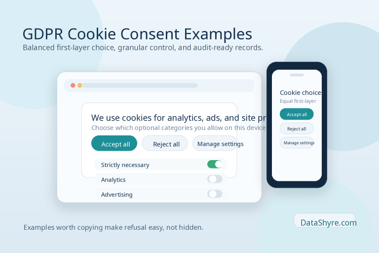 Editorial illustration of a laptop and phone showing a balanced GDPR cookie consent banner with equal Accept all and Reject all buttons and subtle visible branding text DataShyre.com