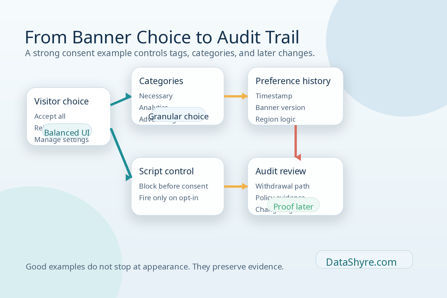 Workflow illustration showing visitor choice flowing into consent categories, blocked scripts, preference history, and audit review with subtle visible branding text DataShyre.com