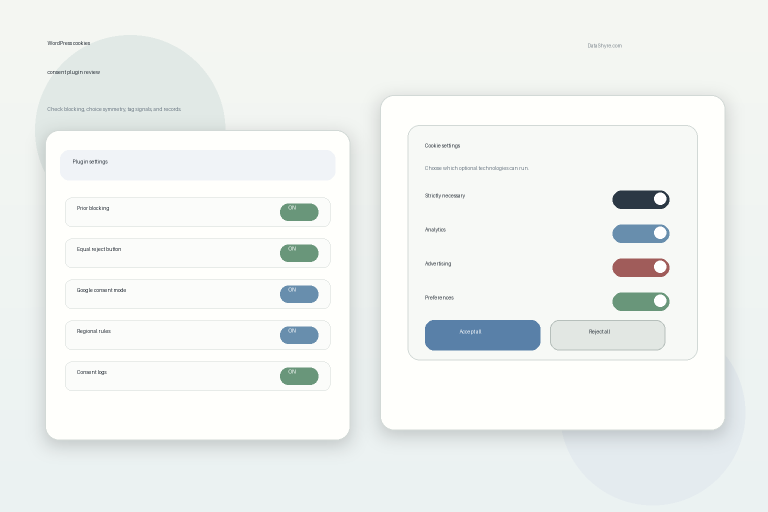 Editorial illustration of a WordPress admin screen and website preview showing a balanced consent banner, plugin controls, audit records, and subtle visible branding text DataShyre.com