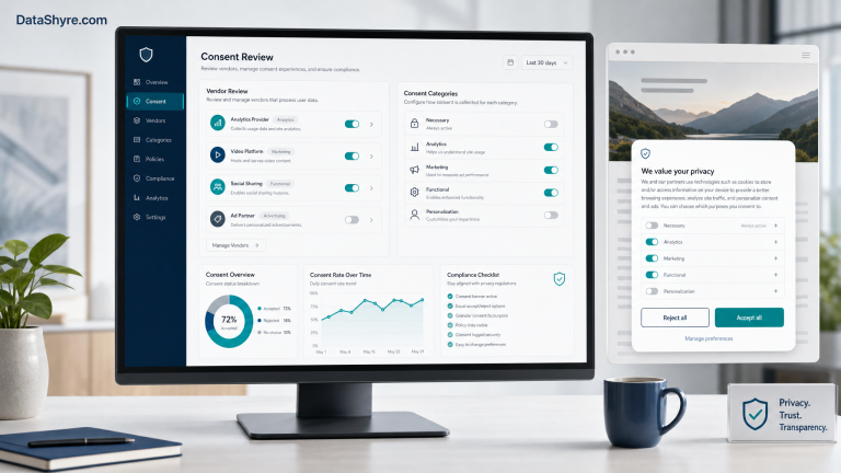 Editorial illustration of a publisher consent dashboard with balanced accept and reject controls, vendor cards, compliance status panels, and subtle visible branding text DataShyre.com
